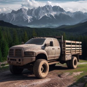 dirty diesel truck in front of the mountains